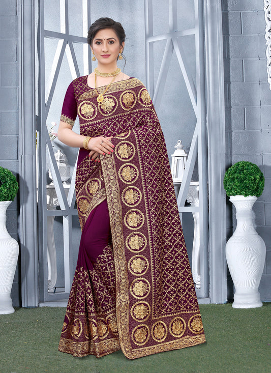 Wine Vichitra Blooming Silk Embroidered Saree