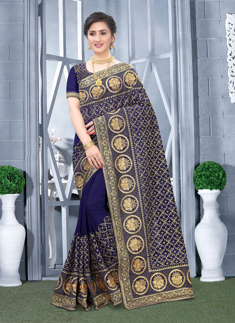 Navy Blue Vichitra Blooming Silk Embroidered Saree