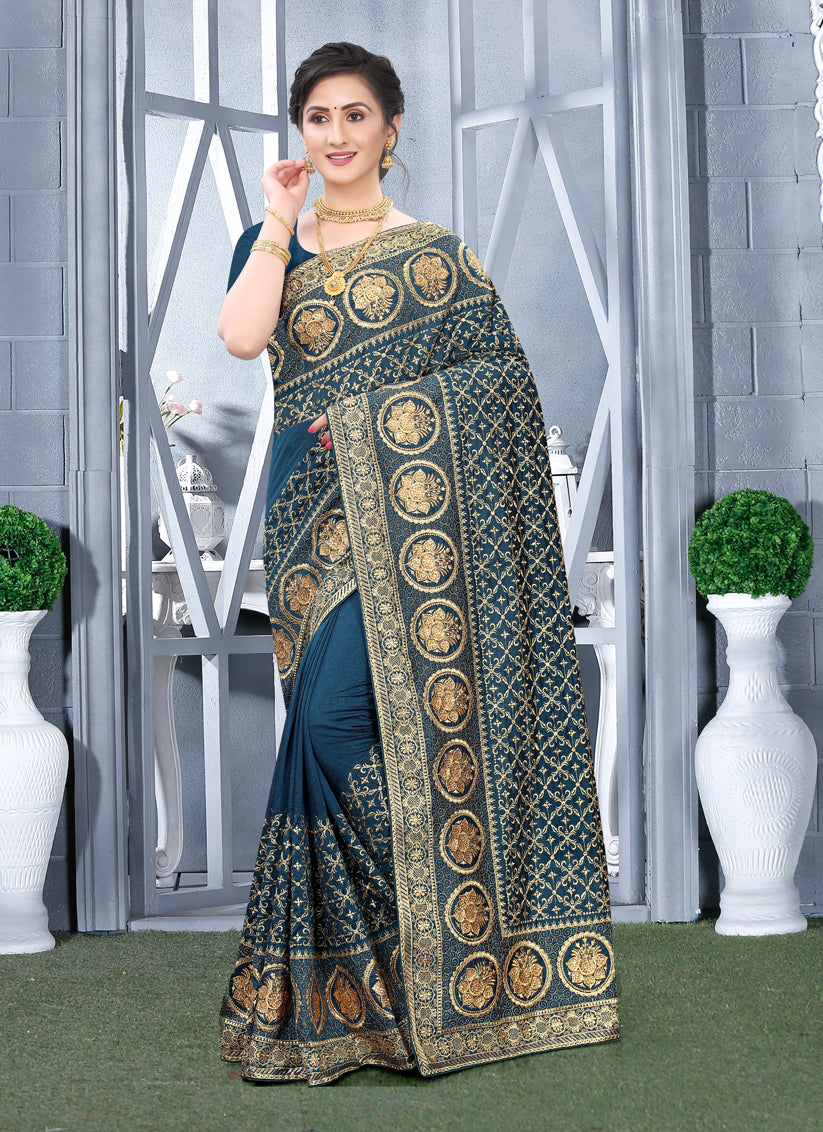 Teal Blue Vichitra Blooming Silk Embroidered Saree