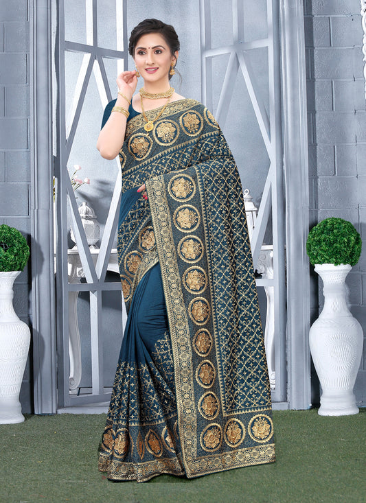 Teal Blue Vichitra Blooming Silk Embroidered Saree