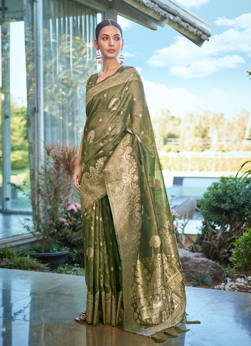 Moss Green Shimmer Silk Woven Saree