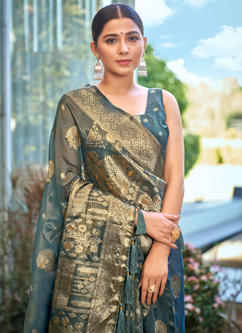 Teal Blue Shimmer Silk Woven Saree