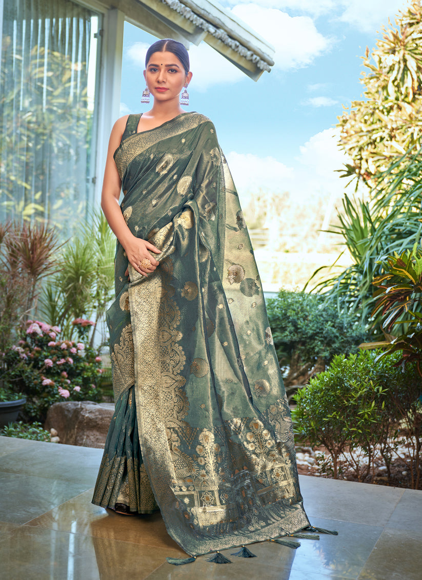 Teal Blue Shimmer Silk Woven Saree