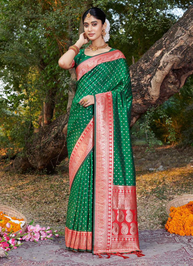 Emerald Green Banarasi Silk Woven SareeFor Festival