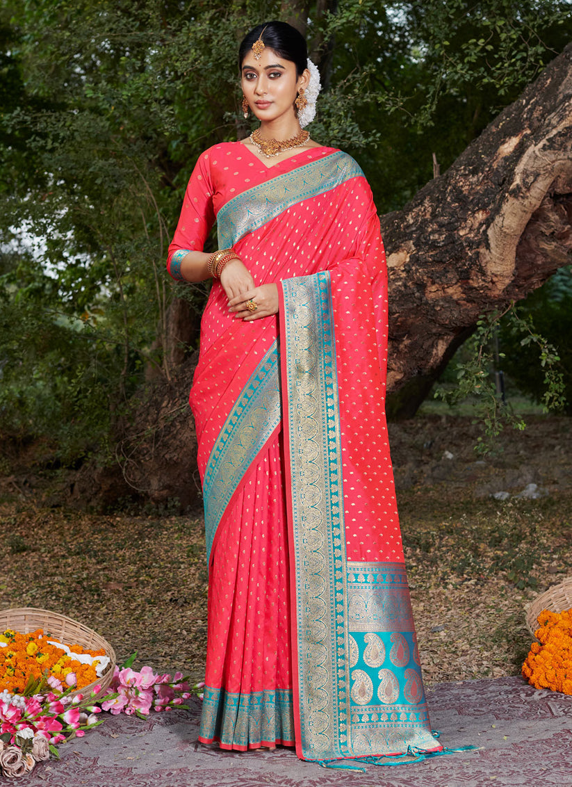 Melon Pink Banarasi Silk Woven SareeFor Festival