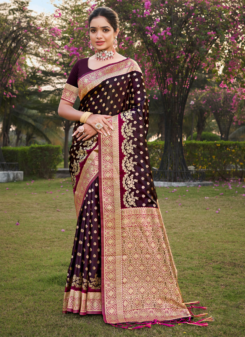 Burgundy Satin Silk Woven Saree