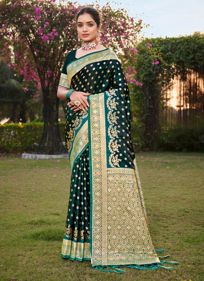 Teal Green Satin Silk Woven Saree