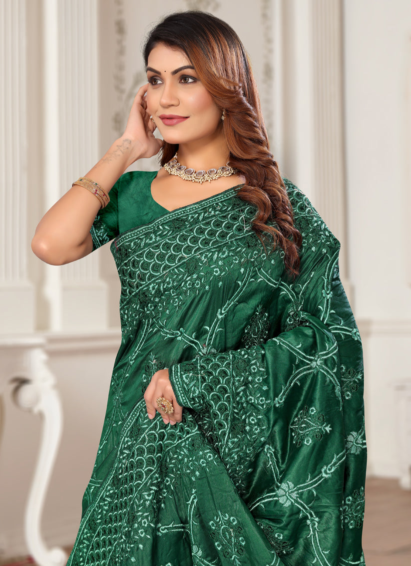 Green Silk Embroidered Designer Saree