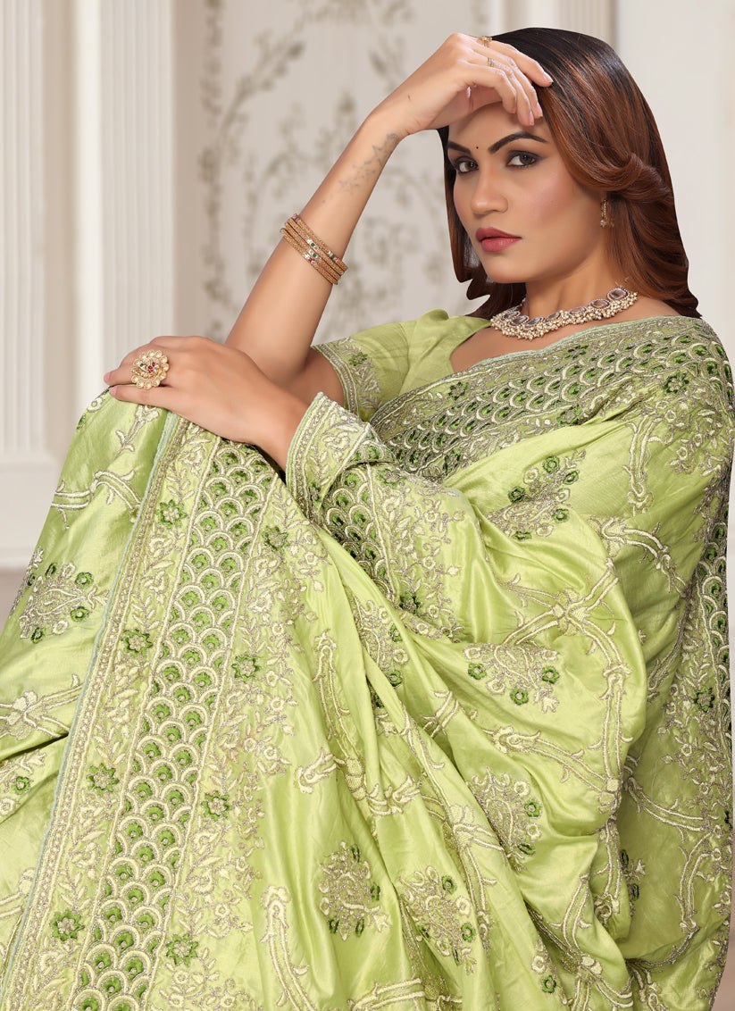 Light Green Silk Embroidered Designer Saree