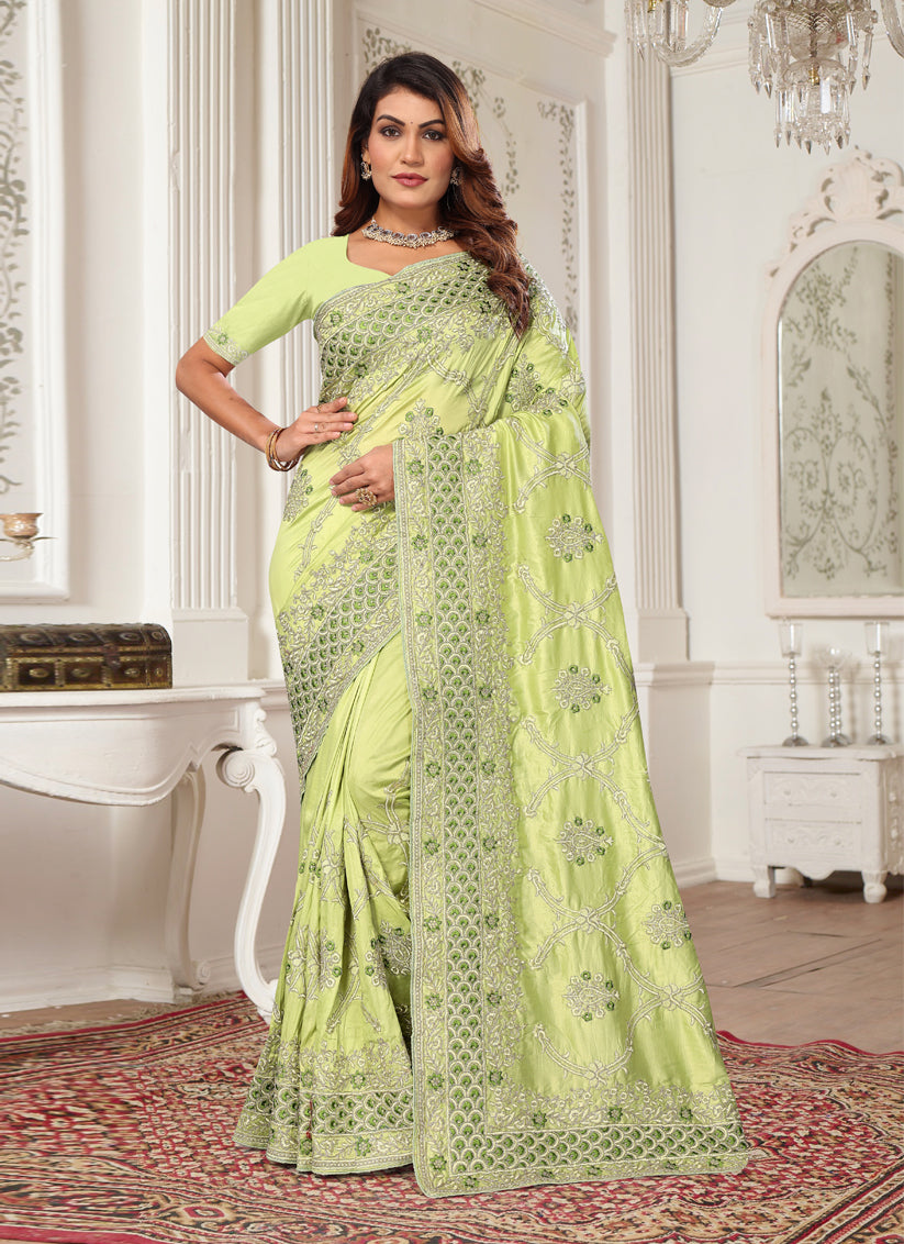 Light Green Silk Embroidered Designer Saree