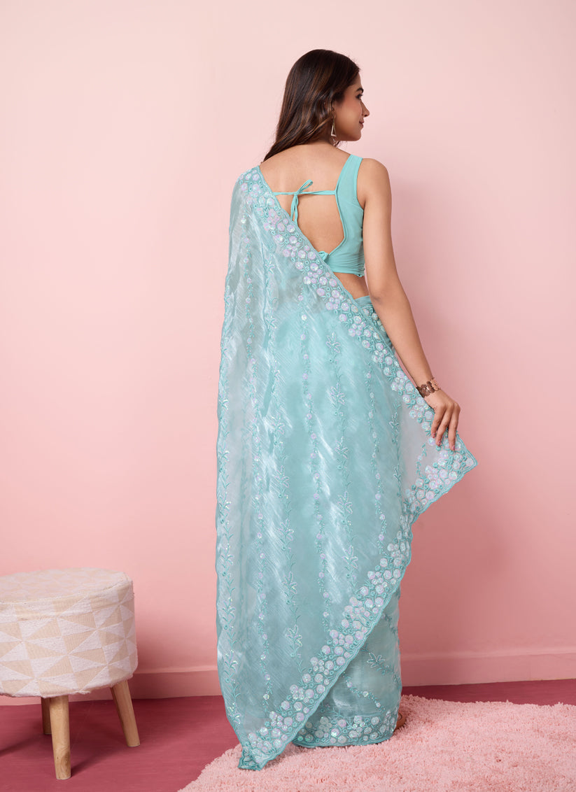 Sky Blue Georgette Embroidered Saree
