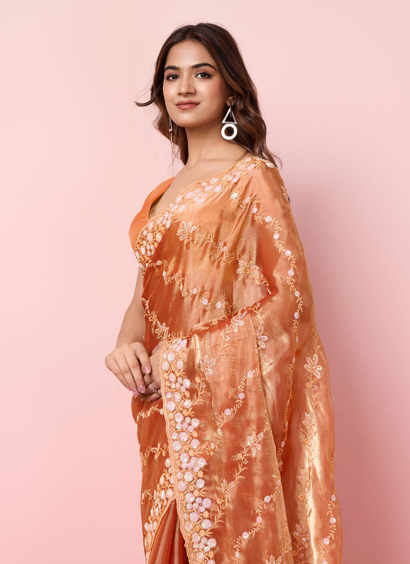 Rust Georgette Embroidered Saree