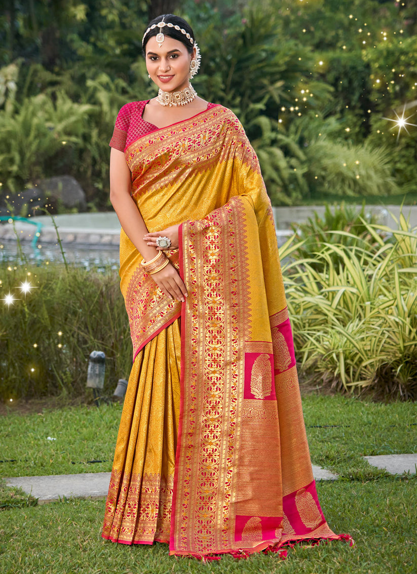 Golden Yellow Kanjivaram Silk Zari Woven Saree