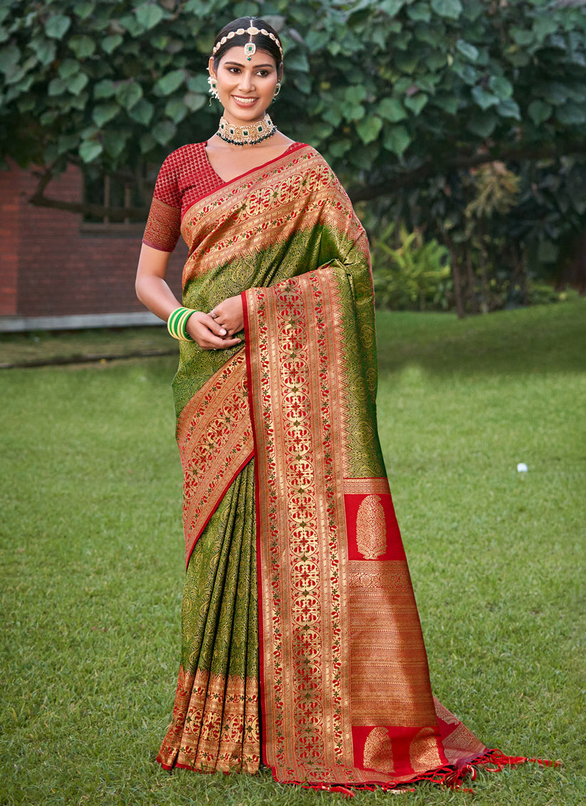 Olive Green Kanjivaram Silk Zari Woven Saree