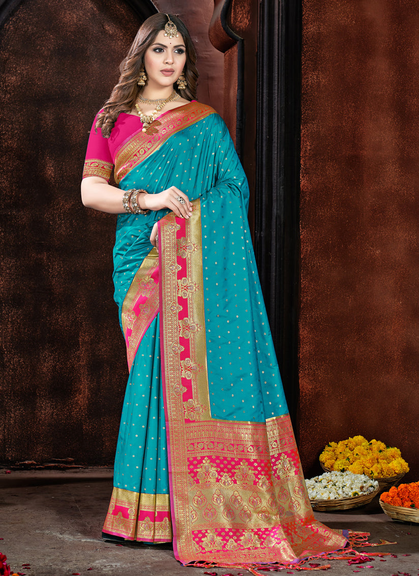 Firozi Silk Zari Woven Saree For Festival