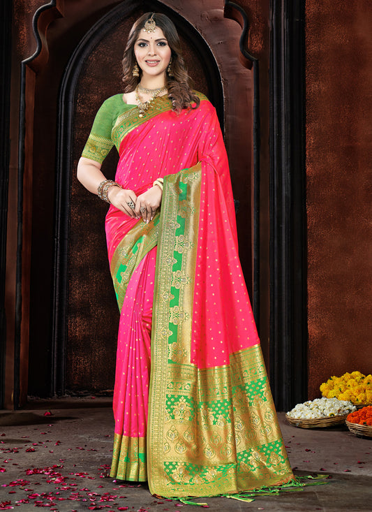 Rani Pink Silk Zari Woven Saree For Festival