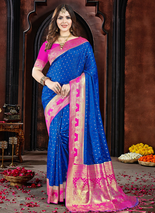 Royal Blue Silk Zari Woven Saree For Festival