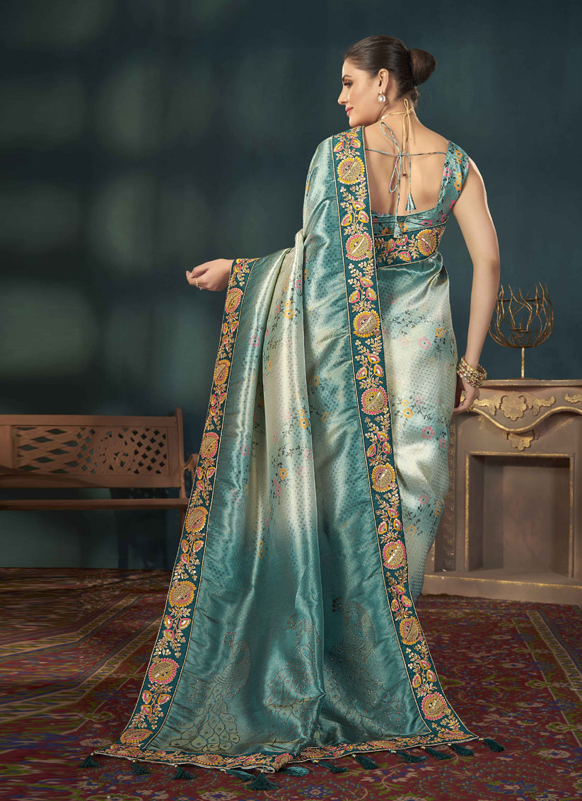 Teal Blue Kanjivaram Silk Embroidered Saree