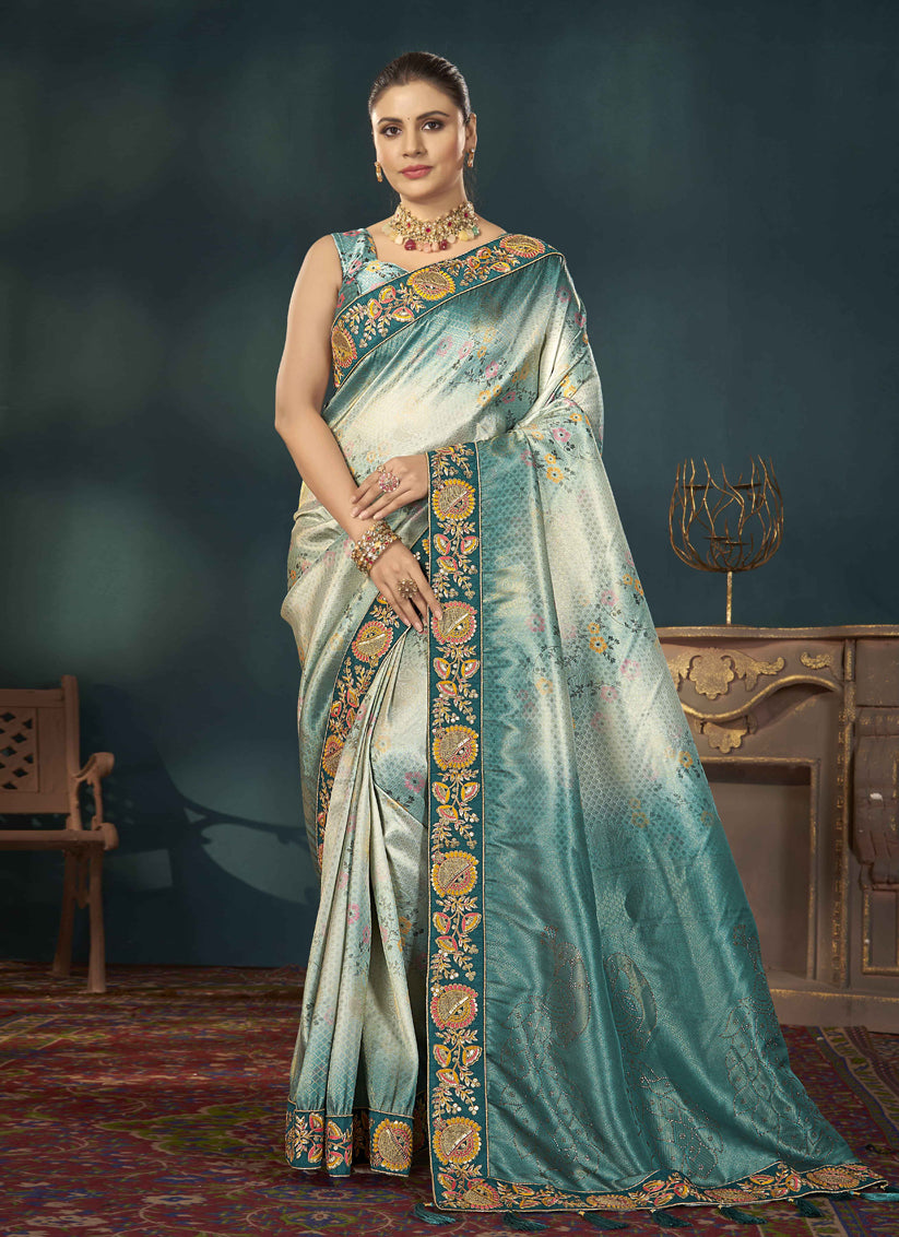 Teal Blue Kanjivaram Silk Embroidered Saree