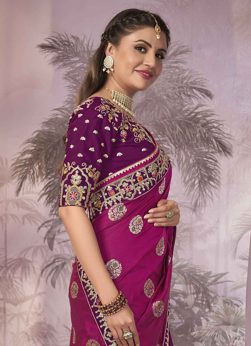 Magenta Banarasi Silk Embroidered Saree