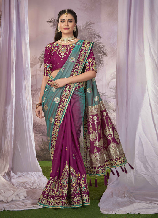 Purple Banarasi Silk Embroidered Saree