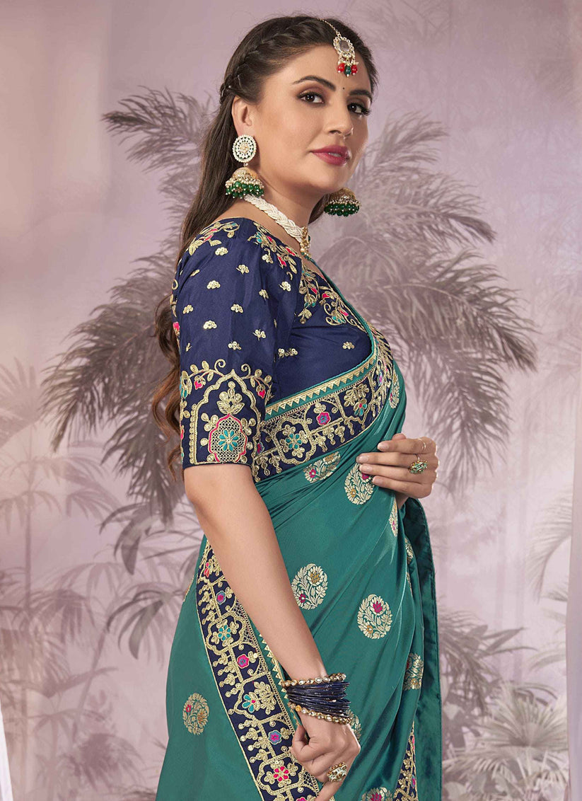 Navy Blue Banarasi Silk Embroidered Saree