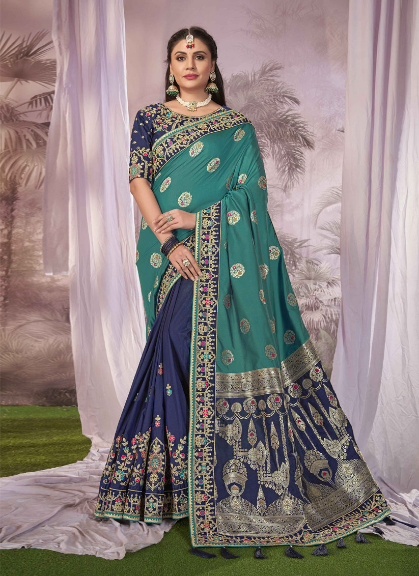 Navy Blue Banarasi Silk Embroidered Saree