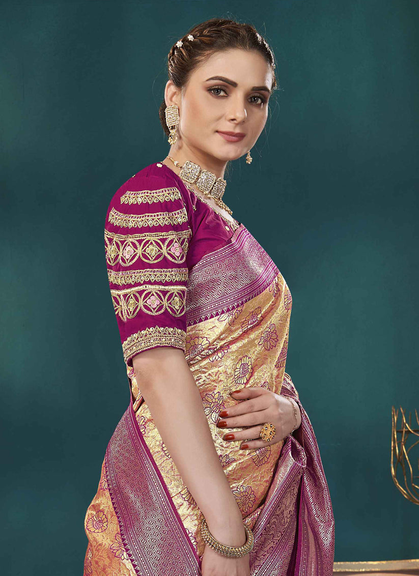 Golden Kanjivaram Silk Embroidered Saree