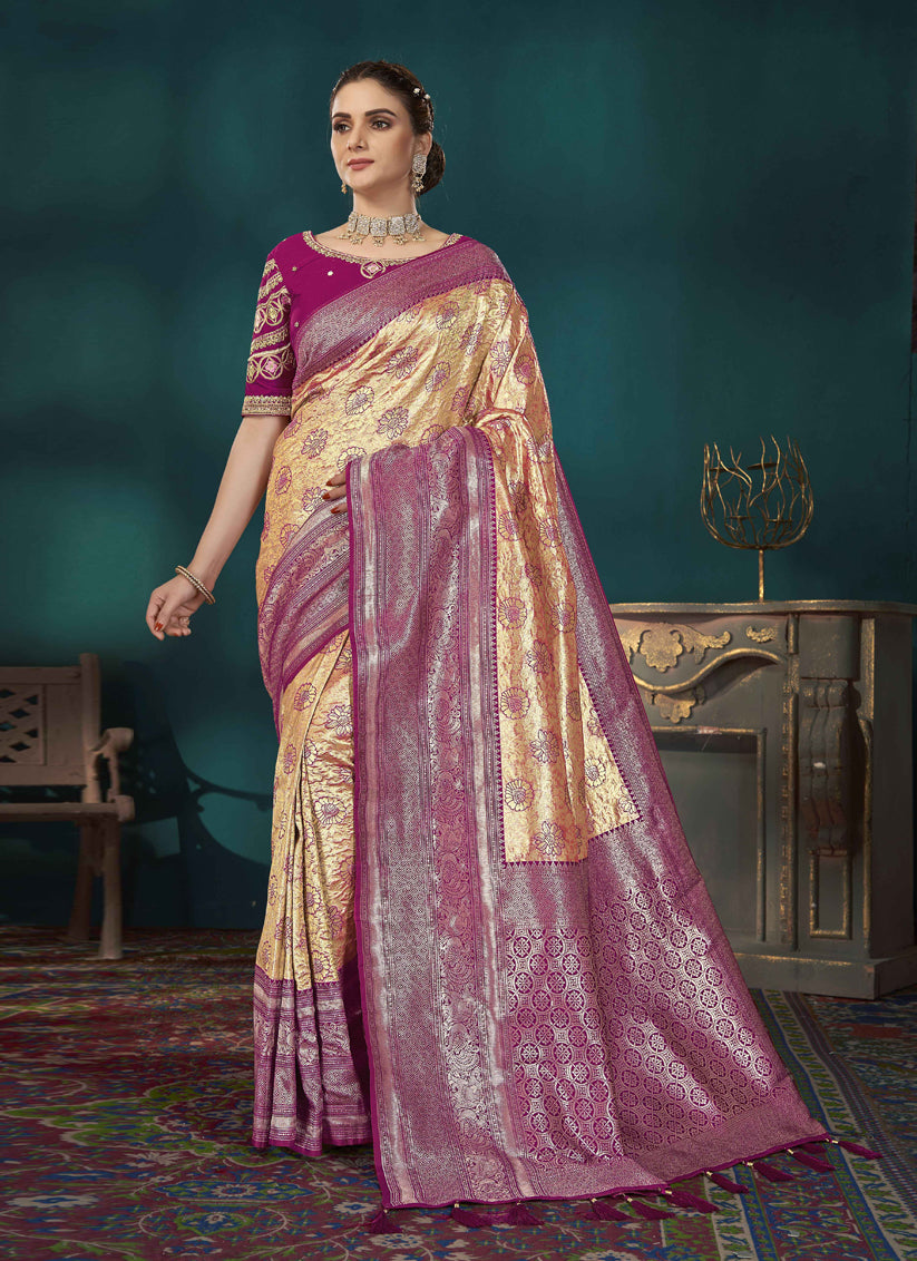 Golden Kanjivaram Silk Embroidered Saree