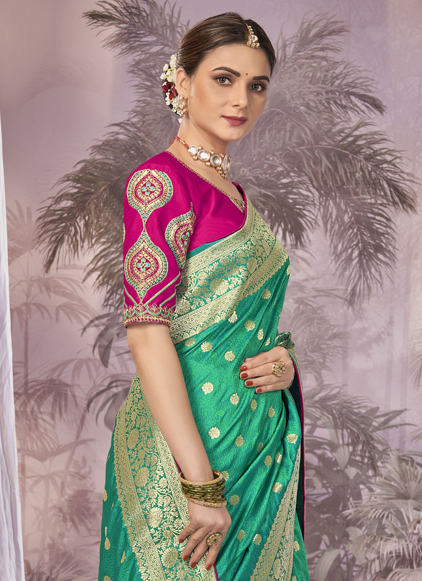 Sea Green Banarasi Silk Embroidered Saree