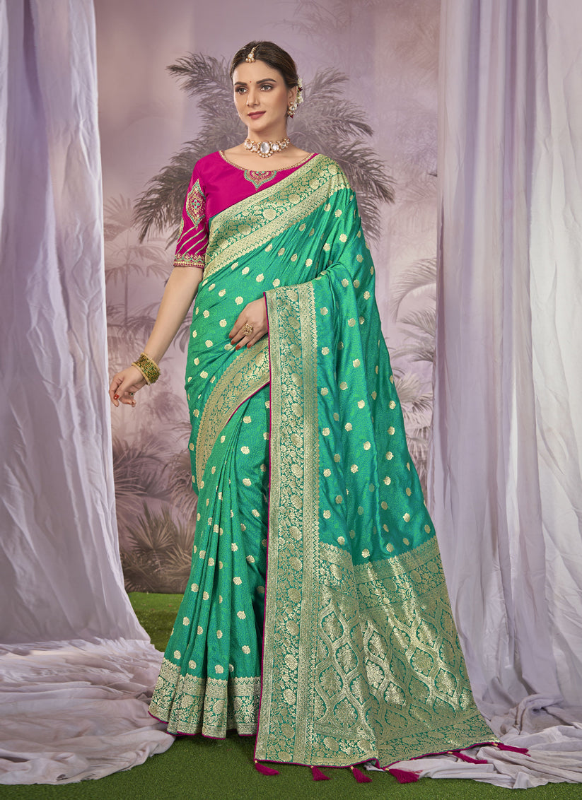 Sea Green Banarasi Silk Embroidered Saree