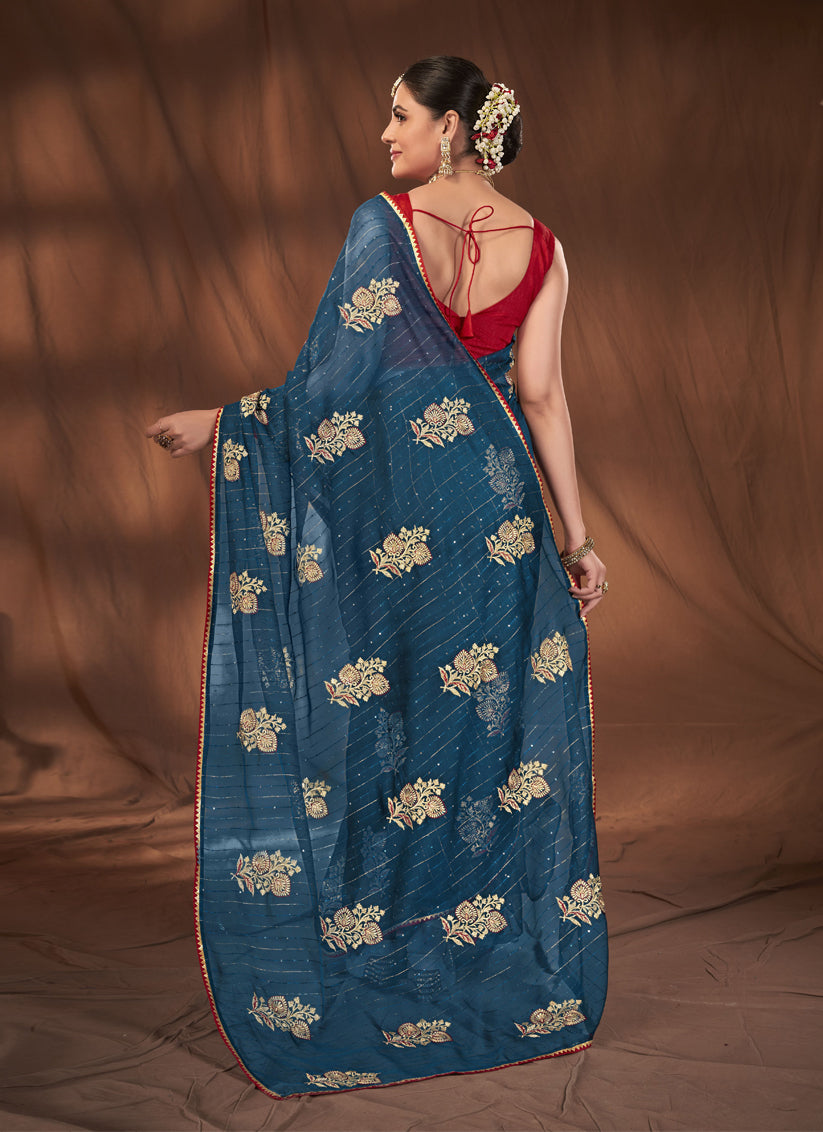 Blue Organza Embroidered Saree