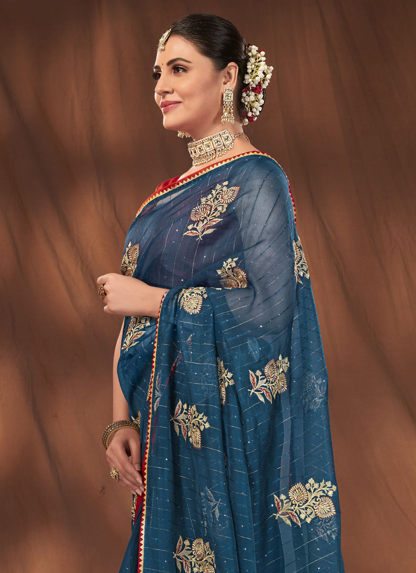 Blue Organza Embroidered Saree