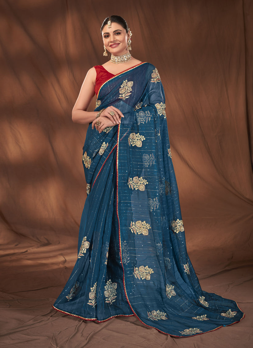 Blue Organza Embroidered Saree