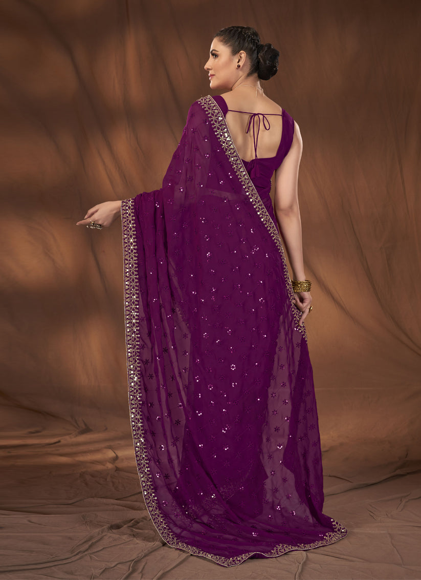 Purple Georgette Sequins Work Saree
