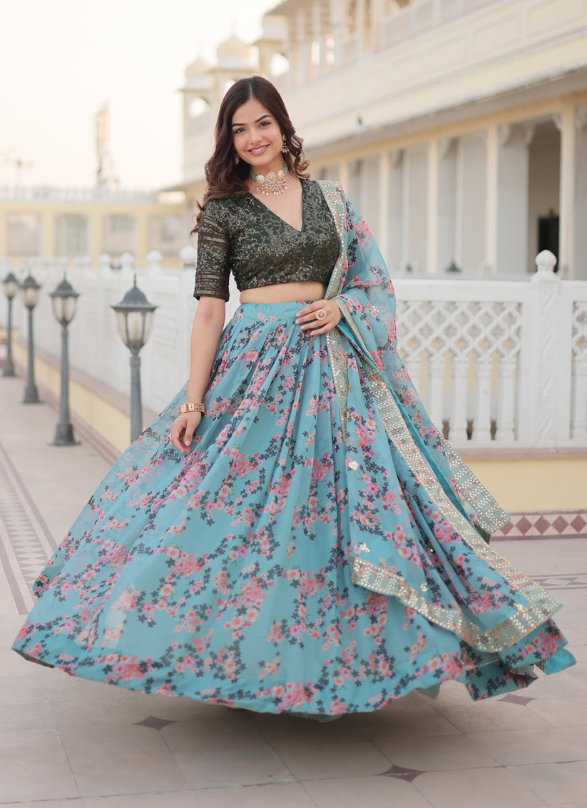 Livid Blue Russian Silk Floral Print Lehenga Choli