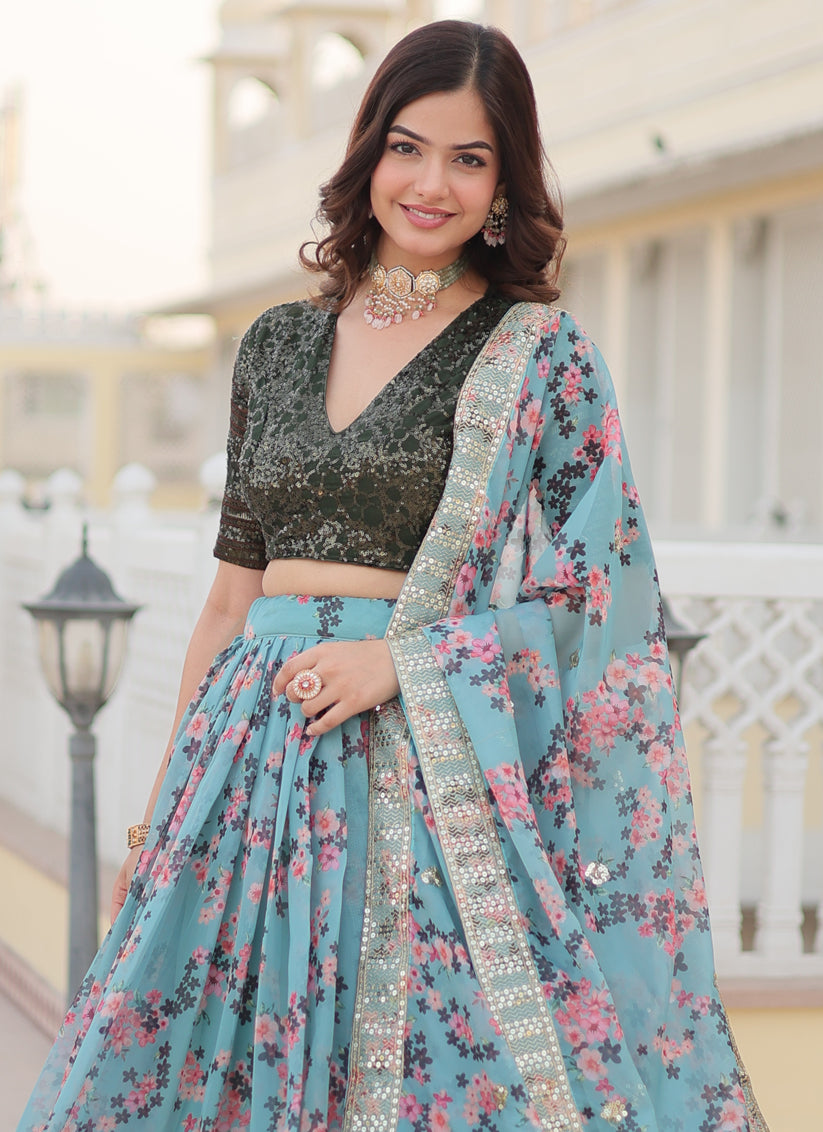 Livid Blue Russian Silk Floral Print Lehenga Choli