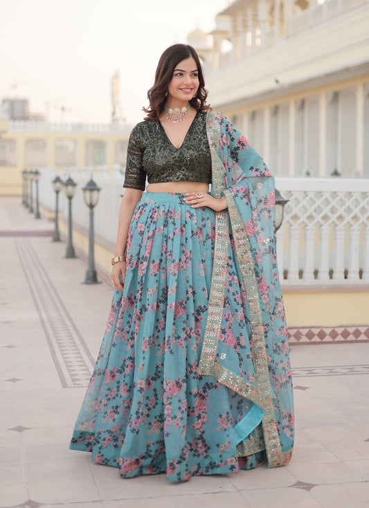 Livid Blue Russian Silk Floral Print Lehenga Choli