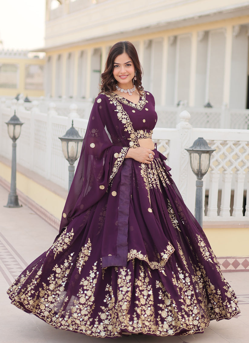 Burgundy Faux Georgette Embroidered Lehenga Choli