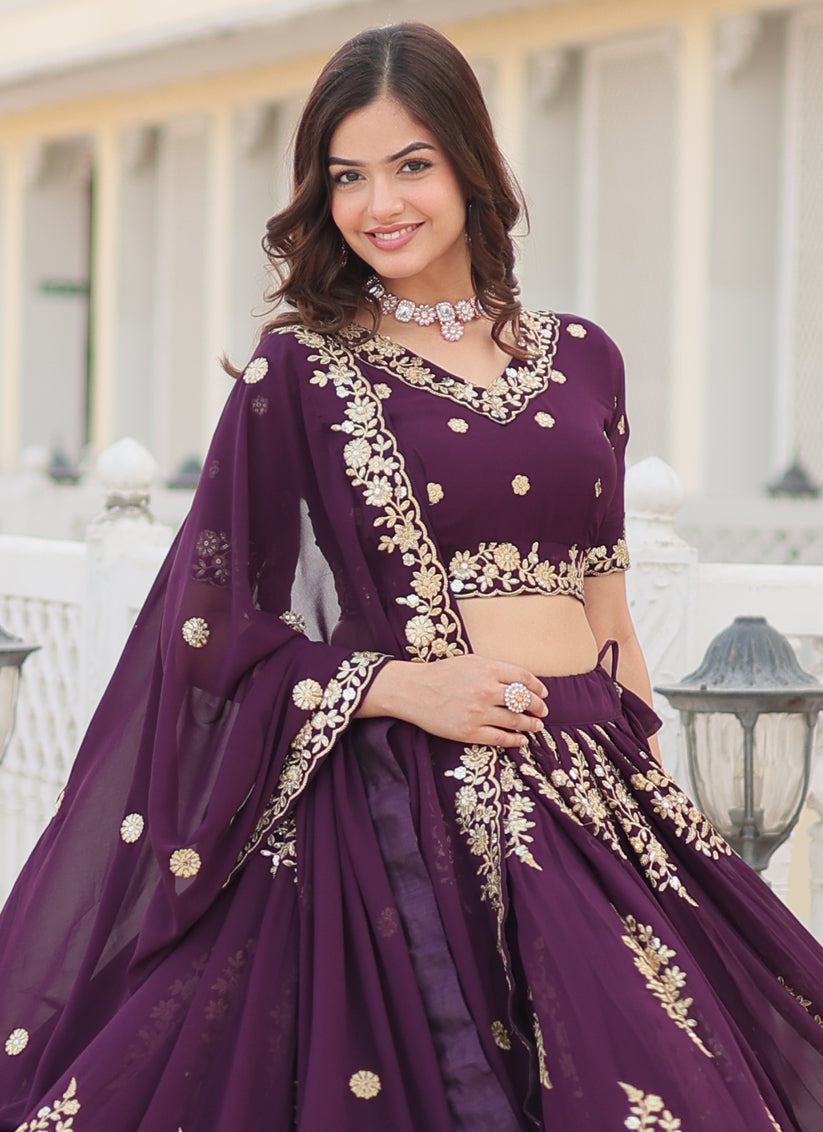 Burgundy Faux Georgette Embroidered Lehenga Choli