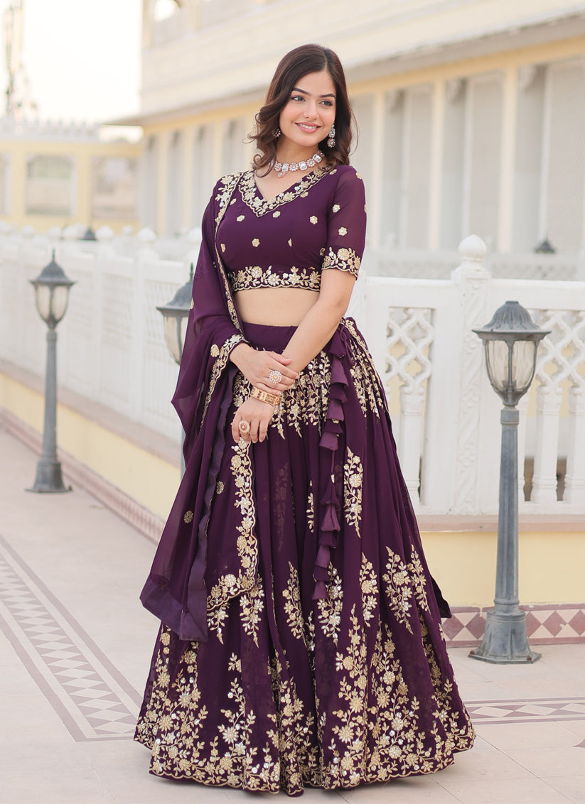 Burgundy Faux Georgette Embroidered Lehenga Choli