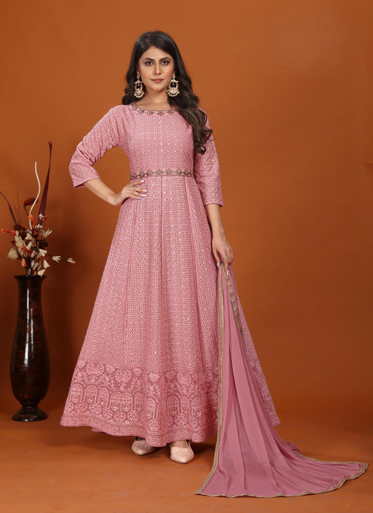 Carnation Pink Faux Georgette Embroidered Gown with Dupatta