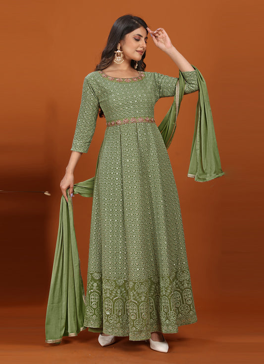 Sage Green Faux Georgette Embroidered Gown with Dupatta