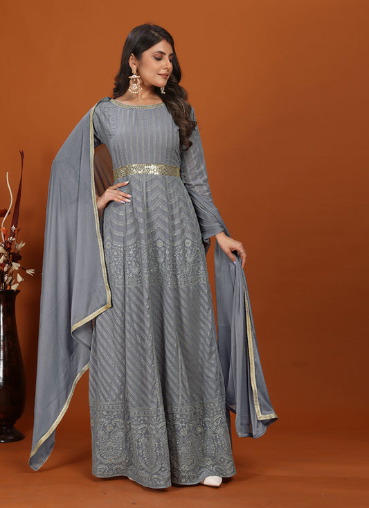 Graphite Grey Faux Georgette Embroidered Gown with Dupatta