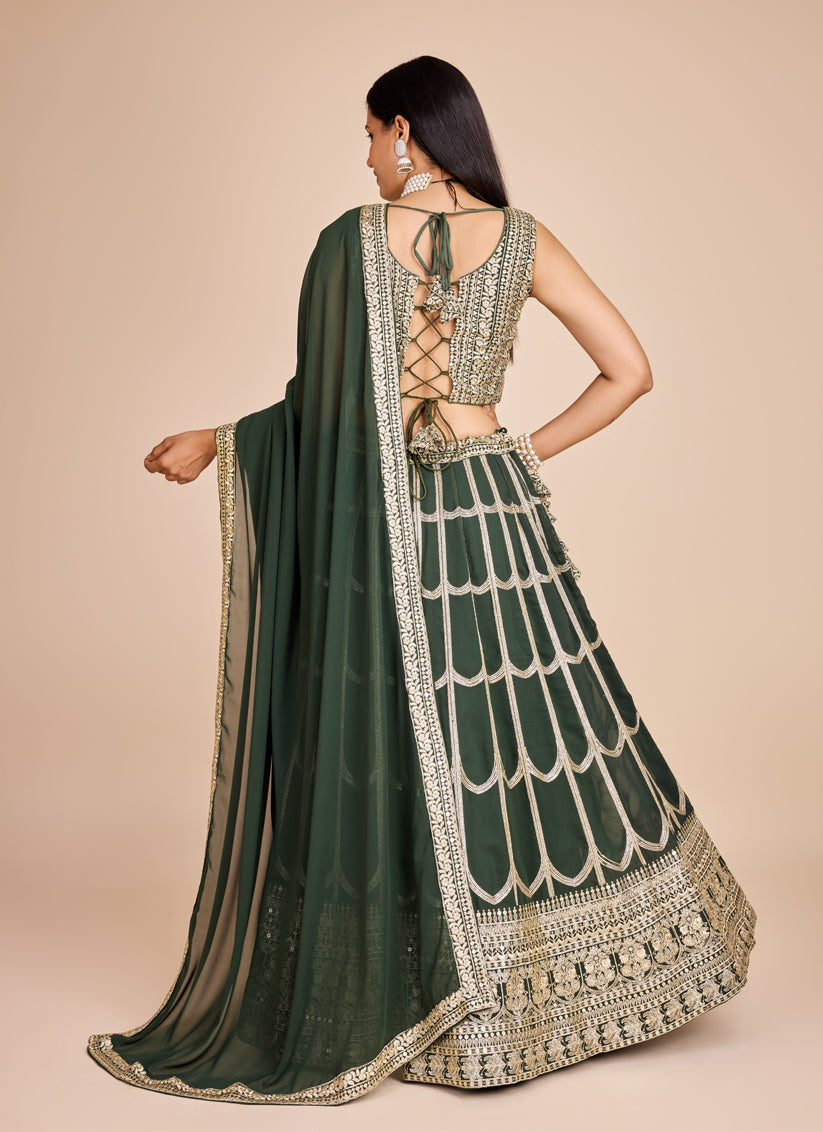 Green Faux Georgette Embroidered Lehenga Choli