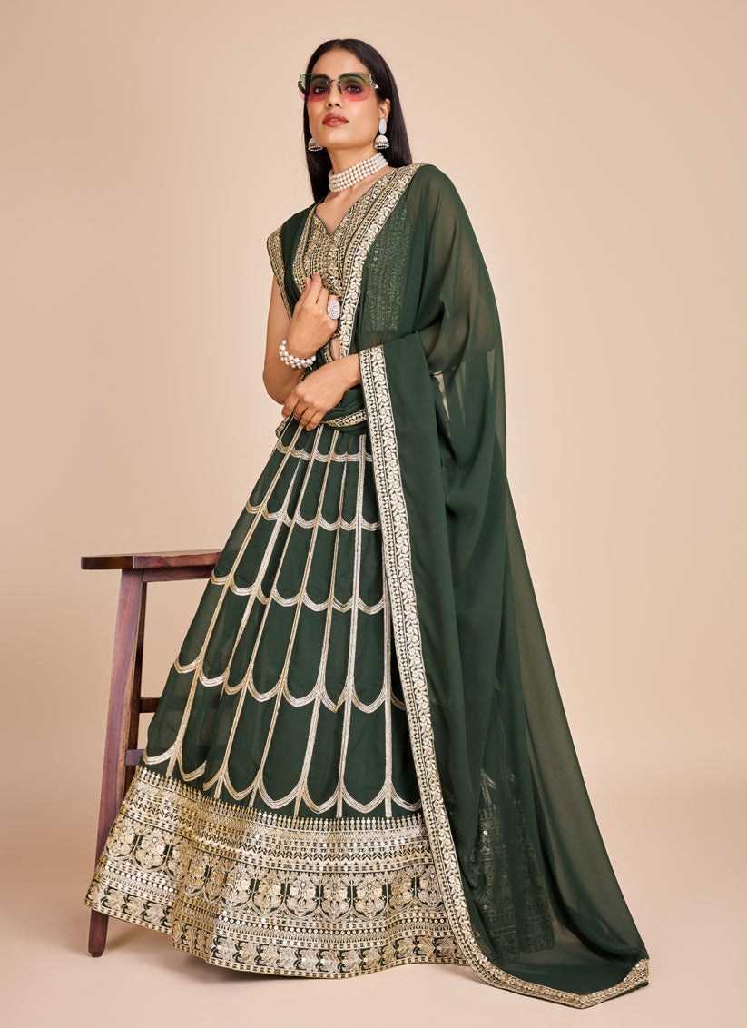 Green Faux Georgette Embroidered Lehenga Choli