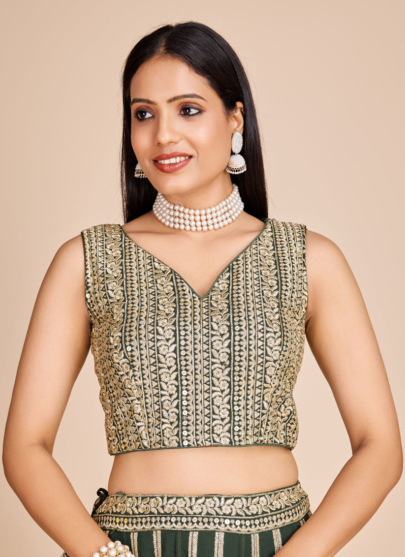 Green Faux Georgette Embroidered Lehenga Choli