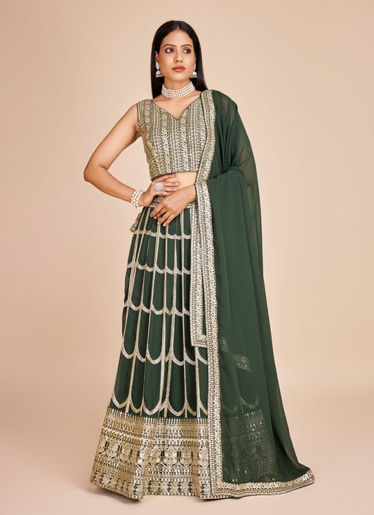 Green Faux Georgette Embroidered Lehenga Choli