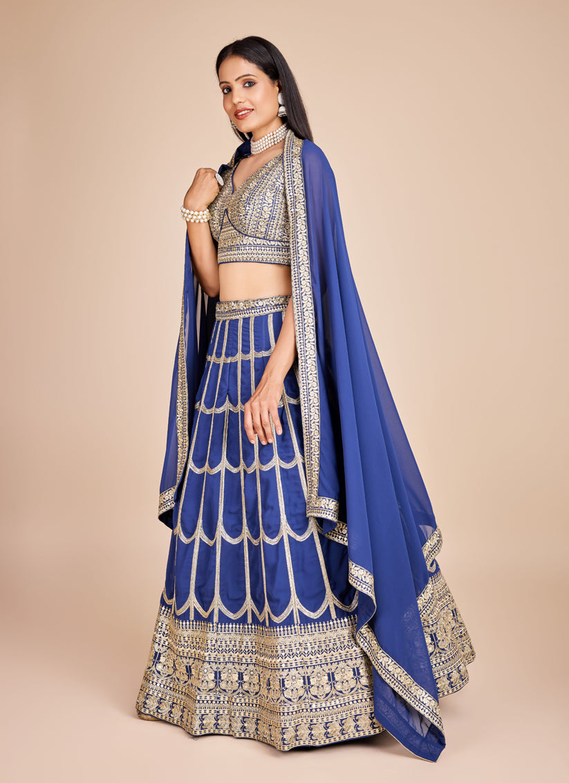 Blue Faux Georgette Embroidered Lehenga Choli