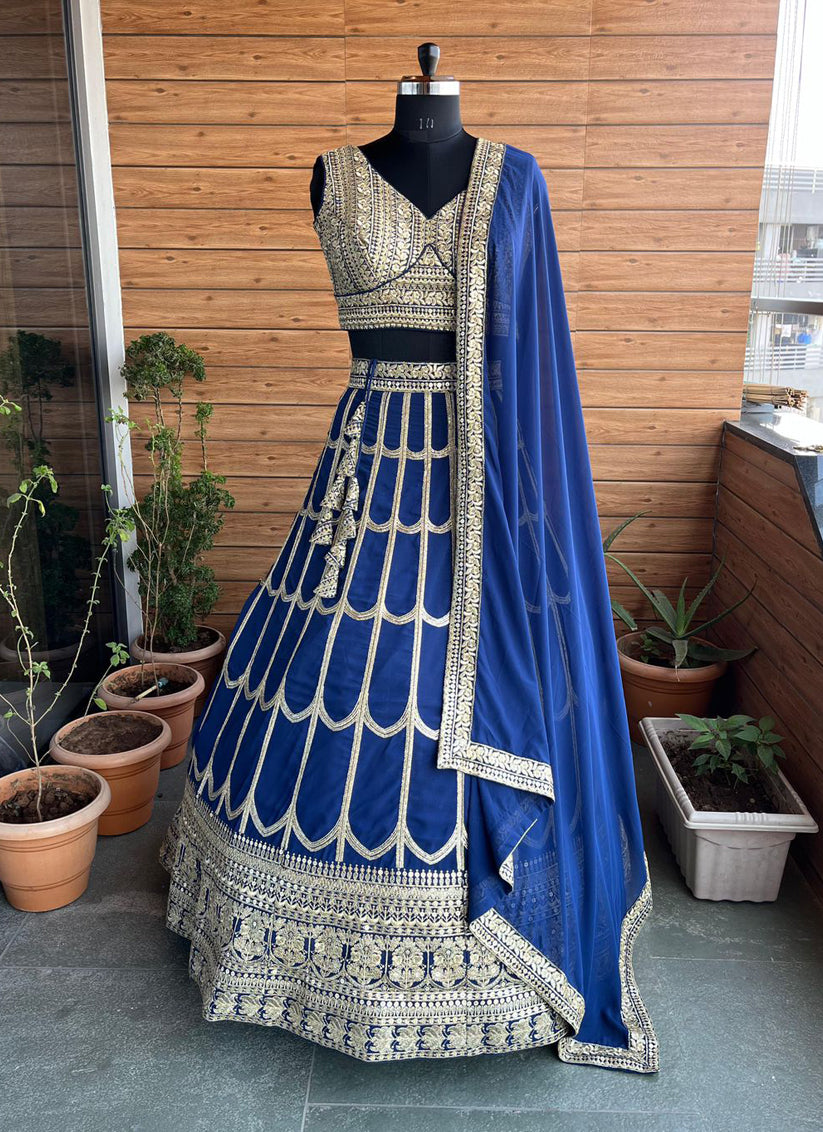 Blue Faux Georgette Embroidered Lehenga Choli